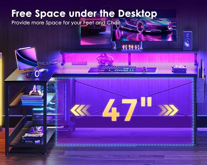 ODK 58 Inch L Shaped Gaming Desk with LED Lights, Power Outlets, Black | Adjustable Monitor Stand, Open Storage Shelves, Hanging Side Bag, PC Tower Stand, Reversible Layout for Gaming