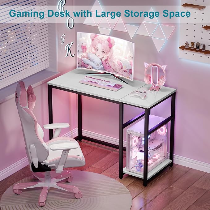 SINPAID Computer Desk 40 inches with 2-Tier Shelves Sturdy Home Office Desks with Large Storage Space Modern Gaming Desk Study Writing Laptop Table, Black Marbling (White Marble, 40 inch)