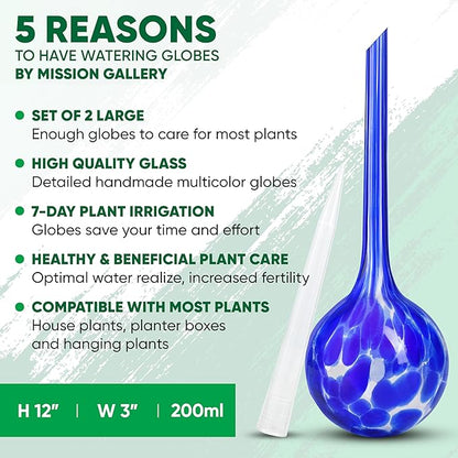 Plant Watering Globes Set of 2 - Large Self Watering Globes for Indoor & Outdoor Plants - Multicolored, Automatic, Glass Watering Bulbs for Daily Use, Plant Watering Devices
