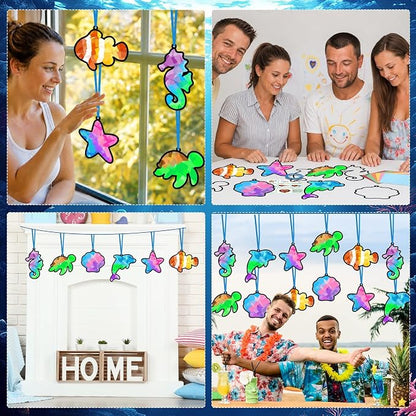 Qyeahkj 36 Set Sea Animals Suncatchers Craft for DIY Summer Tissue Paper Craft Kit Under the Sea Stained Glass Window Ornaments Decoration for Home Art Project Party Favor Gift