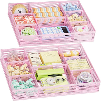Marbrasse 2 Pack Desk Drawer Organizer, Mesh Drawer Organizer Tray with 8 Adjustable Compartments, Desk Organizers and Accessories, 5 Dividers Drawer for Office Supplies, Makeup & Vanity (Pink)