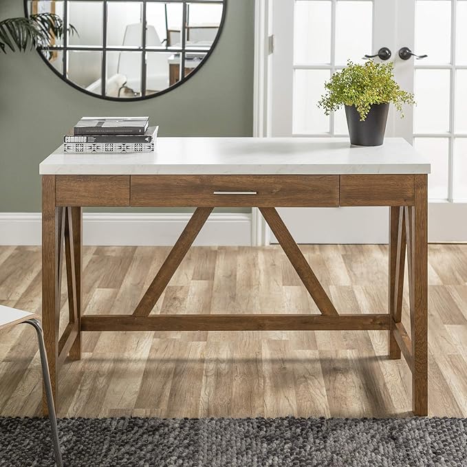Walker Edison Rustic Farmhouse Wood Computer Writing Desk Home Office Workstation Small, 46 Inch, Marble and Walnut
