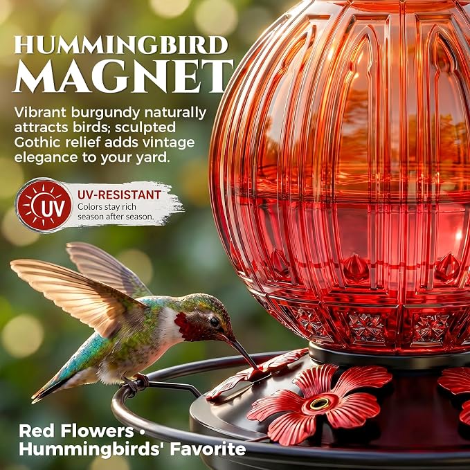 Glass Hummingbird Feeder for Outdoors Hanging, 26Oz Bird Nectar Feeder with Perch & 5 Flower Feeding Ports, Leak Proof for Outside Garden Decor Backyard, Gifts for Women Mom, Orange & Red