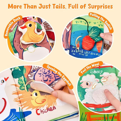 JoyCat Baby Books 0-6-12 Months - Farm Tail Tummy Time Toys - Sensory Touch & Feel Crinkle Cloth Book with Detachable Duck - Newborn Easter Basket Stuffers