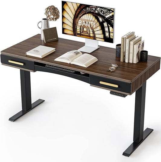 BANTI 55" x 26" Electric Standing Desk, Mid-Century Modern Desk with 3 Drawers, Stand Up Home Office Desks, Vintage Top