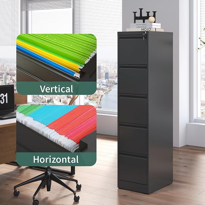 5 Drawer File Cabinet, Metal Vertical Filing Cabinets for Home Office, Steel Storage Cabinet for Hanging Legal/Letter Size Files, Assembly Required (Black)