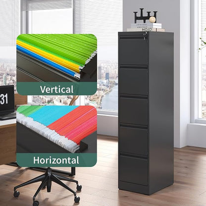 5 Drawer File Cabinet, Metal Vertical Filing Cabinets for Home Office, Steel Storage Cabinet for Hanging Legal/Letter Size Files, Assembly Required (Black)