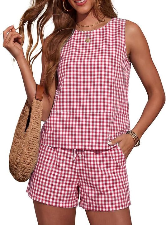 LOMON Women's Trendy 2 Piece Outfits Shorts Sets Summer Crew Neck Sleeveless Tank Top and Bottom Matching with Pockets 2026
