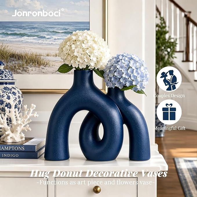 Hug Donut Decorative Vase Set - Navy Blue Vase, Modern Coastal Style Vases Home Decor, Matte Ceramic Decorations for Living Room Shelf, Bookshelf Mantle Entryway Table or Console Décor (Navy Blue) | Decorative Sculptural & Flower Vase for Living Room, ...
