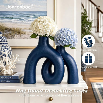 Hug Donut Decorative Vase Set - Navy Blue Vase, Modern Coastal Style Vases Home Decor, Matte Ceramic Decorations for Living Room Shelf, Bookshelf Mantle Entryway Table or Console Décor (Navy Blue) | Decorative Sculptural & Flower Vase for Living Room, ...