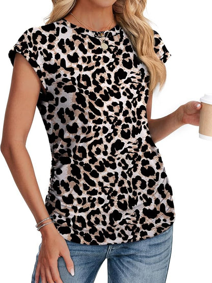 Sampeel Womens Summer Tops Trendy 2026 Ruched Cap Short Sleeve Tshirts Shirts Crew Neck T Shirts Fashion
