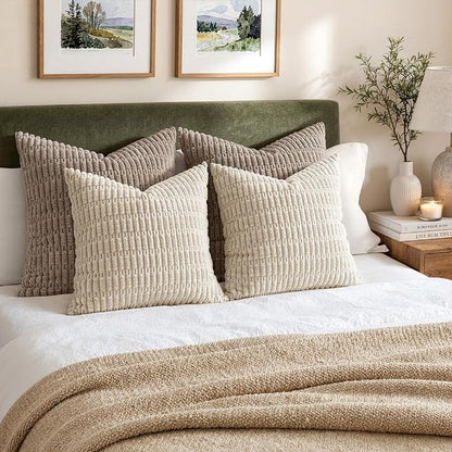 MIULEE Pack of 2 Corduroy Decorative Throw Pillow Covers 18x18 Inch Soft Boho Striped Pillow Covers Modern Farmhouse Home Decor for Sofa Living Room Couch Bed Cream White