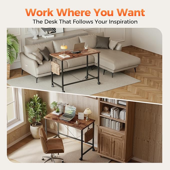 Mericonia 39x20 Inch Computer Desk with Wheels, Small Simple Rolling Desk | Writing Table for Home Office Bedroom Work Study, Brown