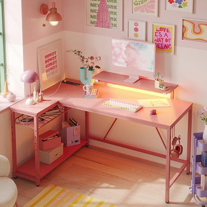 Bestier 52-Inch L-Shaped Gaming Desk with Charging & LED, Pink | Charging 3AC+2USB, RGB LED 20 Colors/22 Modes, Reversible Storage Shelves, Carbon Fiber Texture, Headphone Hook, 52 in
