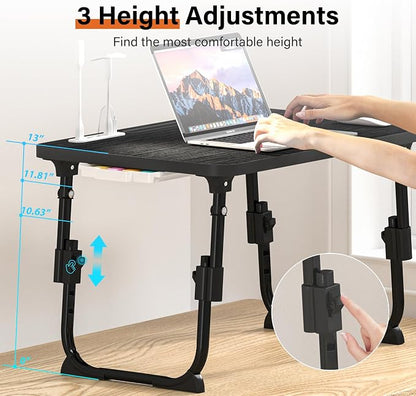 Lap Desk for Bed, Adjustable Laptop Desk with USB Charging Port, Storage Drawer & Bookshelf — Foldable Bed Desk for WFH & Students, 23.6" Desktop Fits 17" Laptop, Non-Slip, Black
