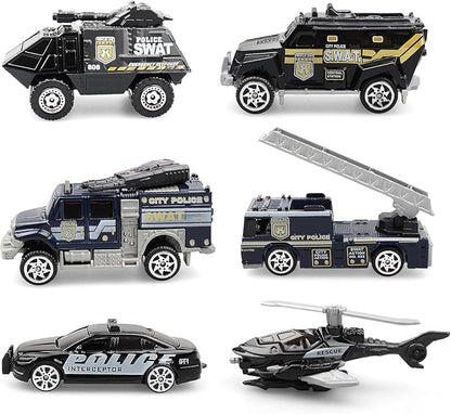 6 Pack Diecast Police Car Toy Set – Mini Alloy Police Vehicles for Boys Ages 3-7, Includes Armored Car, Rescue Truck, Bulletproof SUV, Military Helicopter – Birthday Gift for Kids