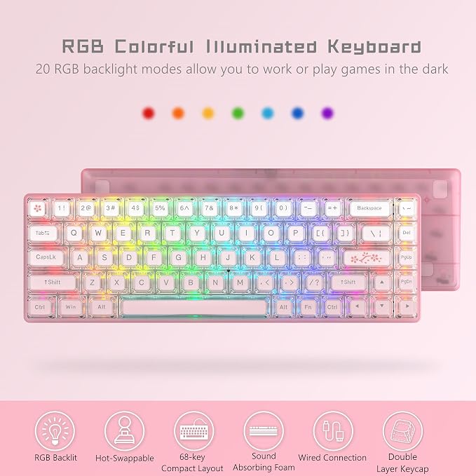 Womier 60% Keyboard Gaming Pink - Wired Pink Creamy Mechanical Keyboard | Hot-Swappable RGB Custom Mini Key board with Arrow Keys/Software Supported, Prelubrication Linear Switch (WK68-Pink)