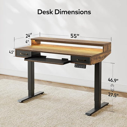 FEZIBO 55 x 24 Inch Height Adjustable Electric Standing Desk with Double Drawers&Keyboard Tray, Stand Up Desk with LED Strips, Sit Stand Desk with Monitor Stand, Rustic Brown
