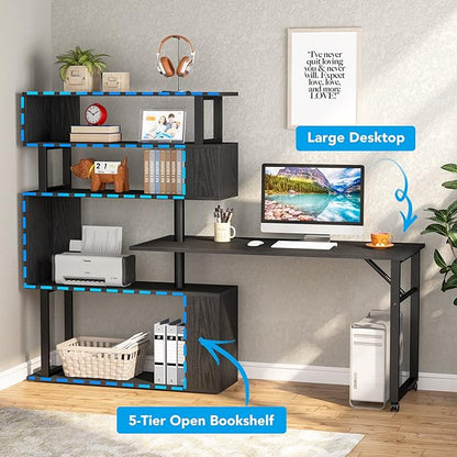Rotating Computer Desk L-Shaped Office Desk with 5 Shelves Bookcase, Reversible Writing Desk Study Table with Wheels for Home Office, Black