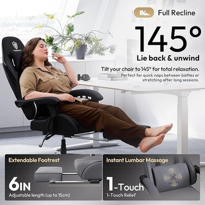 Dowinx Gaming Chair Fabric Big and Tall with Pocket Spring Cushion, Massage Game Chair Cloth with Headrest, Ergonomic Computer Chair with Footrest 350LBS, Black White