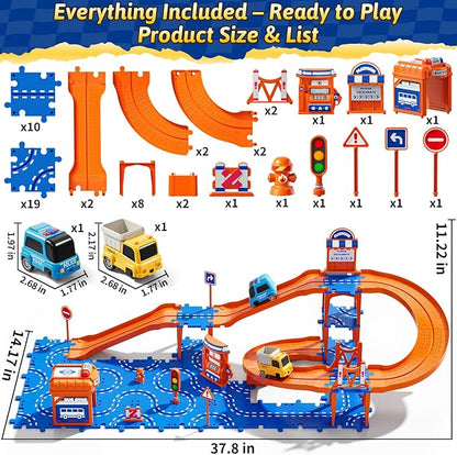 Toddler Puzzle Race Cars Track Toys for Kids Age 3-5 2-4 Years, 59PCS Puzzles Car Track Set Includes 2 Cars and Road Signs, Educational Birthday Gifts for Kids, Boys and Girls