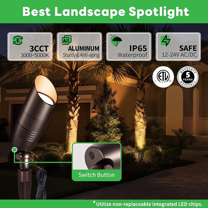 Landscape Light Kit, 6 Pack 3CCT Selectable Spot Light and 100W Low Voltage Transformer and 100FT Cable and 30 Wire Connectors, Aluminum ORB Waterproof LED Uplight for Garden Flag Wall