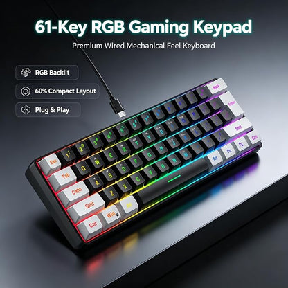 Snpurdiri 60% Wired Gaming Keyboard, Small RGB Backlit Membrane Gaming Keyboard, Ultra-Compact Mini Waterproof Keyboard for PC Computer Gamer White and Black | Backlit Small Membrane Gaming Keyboard for PC Computer Gamer
