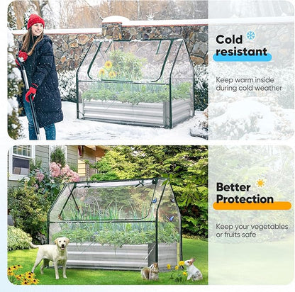 Quictent Raised Garden Bed with Cover Outdoor Galvanized Steel Planter Box Kit with Greenhouse Large Zipper Window Dual Use, 20pcs T-Type Tags & 1 Pair of Gloves Included 4x2.5x1 FT, Clear