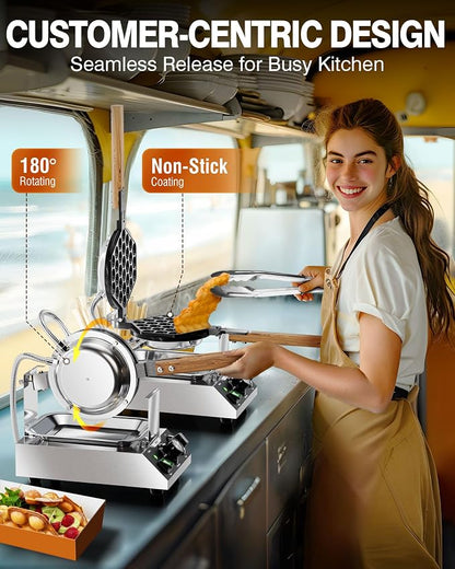 PYY Bubble Waffle Maker - Commercial Egg Puff Waffle Iron Machine, 180° Rotating, Non-stick Coating, 1500W Hong Kong Electric Stainless Steel, 122-482℉, 30 Egg Cones