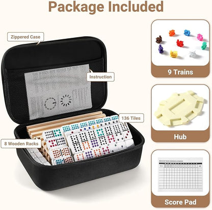 Mexican Train Dominoes Set with 8 Wooden Trays/Racks, Double 15 Dominos Travel Set with 8 Tiles Holders, 136 Tiles Double 15 Colored Dominoes Game Set with Zippered Case for Family Kids