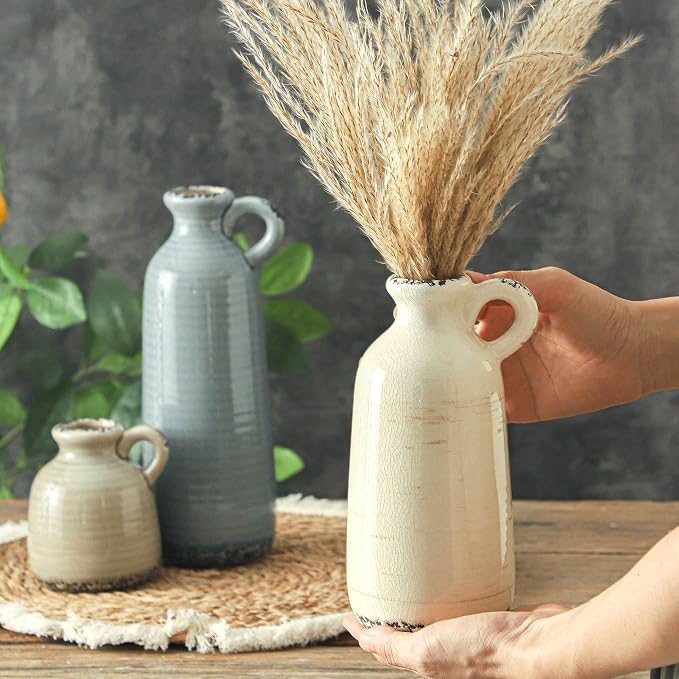 Ceramic Vases Set of 3, Neutral Rustic Farmhouse Vase with Handle, Decorative Flower Vases Home Decor Modern Boho Pampass Vase for Table Mantel Entryway Shelf Living Room Kitchen Bathroom - Ocean