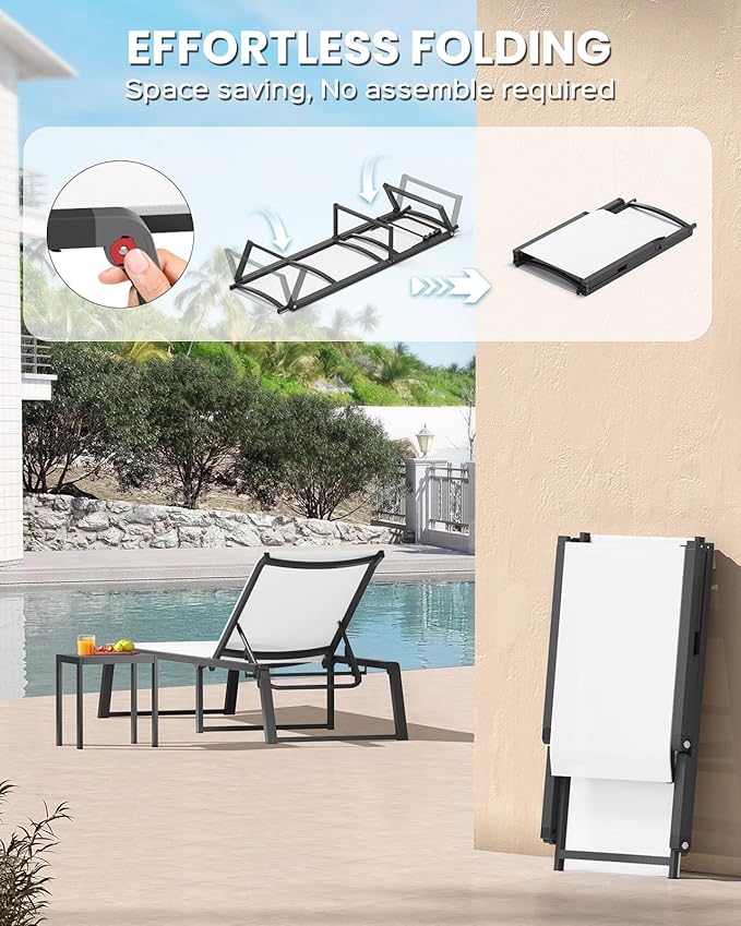 Aluminum Chaise Lounge Chair Outdoor, Foldable & Assembly Free Patio Pool Lounge Chairs 5-Position Recliner for Outside Poolside, Fully Grounded Legs Sun Lounger for Beach, Yard, Bright White