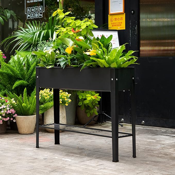 Piksedo Raised Garden Bed, Elevated Planter Metal Plant Box with Legs Standing Garden Stand Drainage Holes Frosted Black