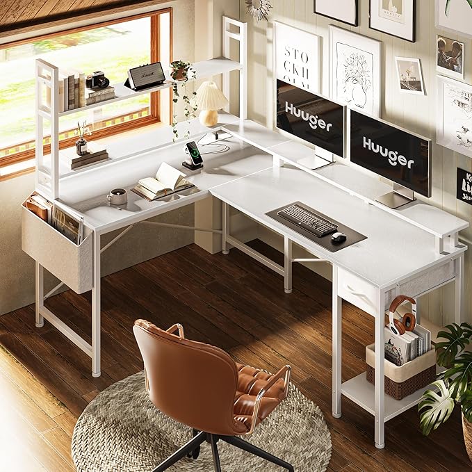 L Shaped Desk Gaming Desk with LED Lights & Power Outlets, Computer Desk with Storage Shelves, Corner Desk Home Office Desks for Bedroom, White
