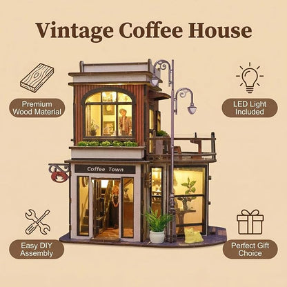 DIY Book Nook Kit, DIY Miniature House Wooden Coffee Shop Dollhouse with LED Light, 3D Wooden Puzzle for Adults & Teens Creative Bookshelf Decor, Craft Hobby Gift