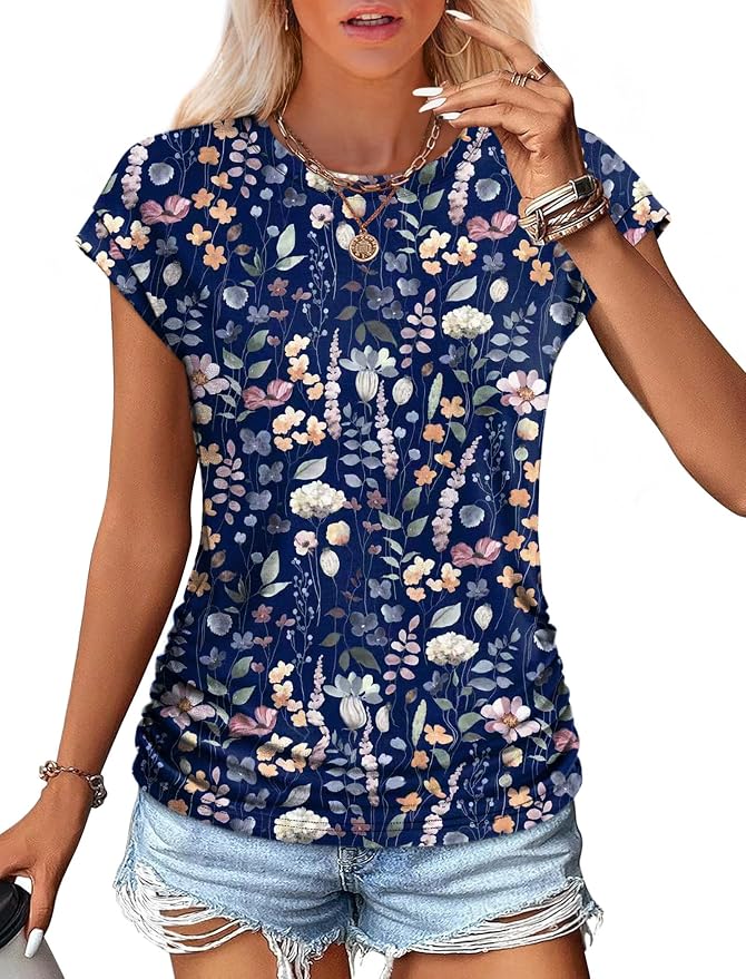 Sampeel Womens Summer Tops Trendy 2026 Ruched Cap Short Sleeve Tshirts Shirts Crew Neck T Shirts Fashion
