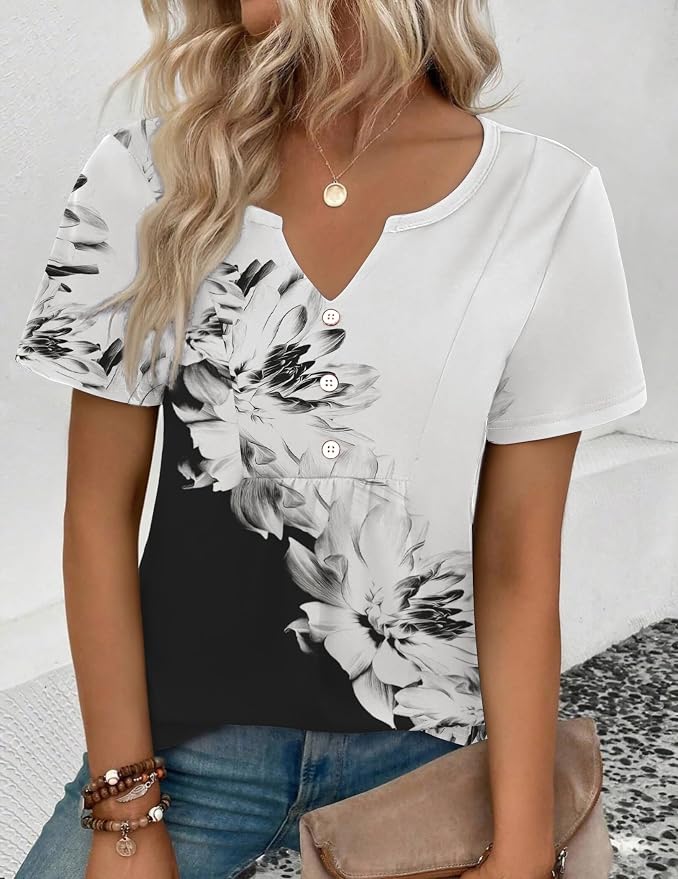 Zeagoo Womens Short Sleeve Tops Summer Henley V-Neck Tshirts Casual Pleated Blouse Dressy Loose Floral Basic Tee