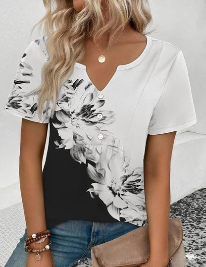 Zeagoo Womens Short Sleeve Tops Summer Henley V-Neck Tshirts Casual Pleated Blouse Dressy Loose Floral Basic Tee