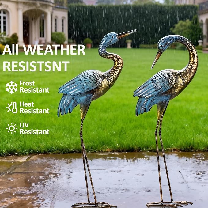 Natelf Garden Crane Statues Outdoor, Standing Blue Heron Decoy Sculptures, Metal Bird Yard Art for Lawn Patio Backyard Decoration(Set of 2)