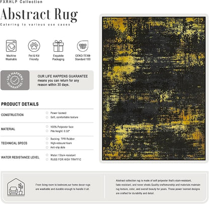 5x7 Area Rug Living Room Rug: Washable Modern Abstract Soft Thin Rug Indoor Floor No Slip Carpet for Bedroom Dining Room Farmhouse Nursery Home Office - Dark Black Gold