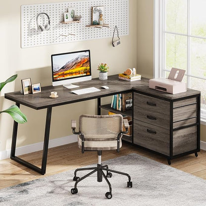Tribesigns L-Shaped Desk with 3 Drawers, Reversible Corner Home Office Computer Desk with Shelves, 53-Inch Industrial PC Desk Study Writing Table Workstation for Small Space, Grey