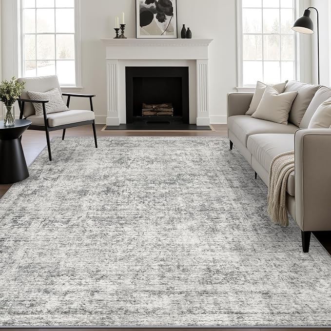 4x6 Area Rug Living Room Rug: Washable Modern Abstract Soft Thin Rug Indoor Floor No Slip Carpet for Bedroom Dining Room Farmhouse Nursery Home Office - Retro Black Grey