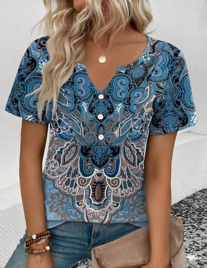 Zeagoo Womens Short Sleeve Tops Summer Henley V-Neck Tshirts Casual Pleated Blouse Dressy Loose Floral Basic Tee