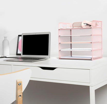 Sinboun Letter Tray Paper Organizer 5-Tier Desk Organizer File Organizer Paper Holder with Handle, Metal Desktop Document Shelf Tray Office Classroom Organization - Pink, PK5CENGTISHOU