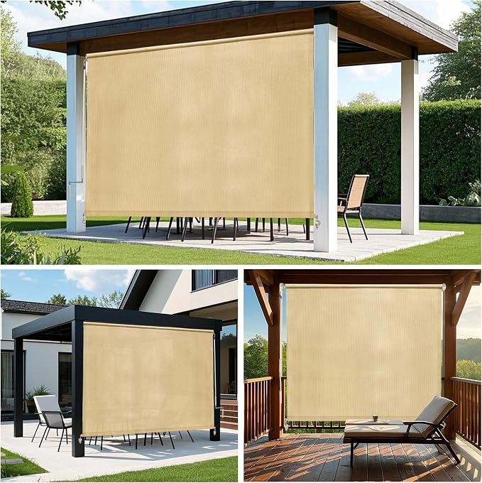 KANAGAWA Outdoor Roller Shade 9'X8' Sesame Exterior Cordless Patio Roll Up Shades for Outside Pergola Porch, Outdoor Blinds for Patio