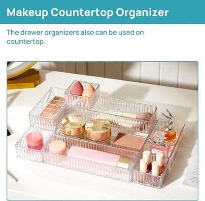 Vtopmart 7 PCS Clear Makeup Drawer Organizers Bins, 4-Size Stackable Makeup and Vanity Organizer Trays, Acrylic Bathroom Storage Containers for Cosmetic, Toiletries, Office Supply, Utensils, Gadgets