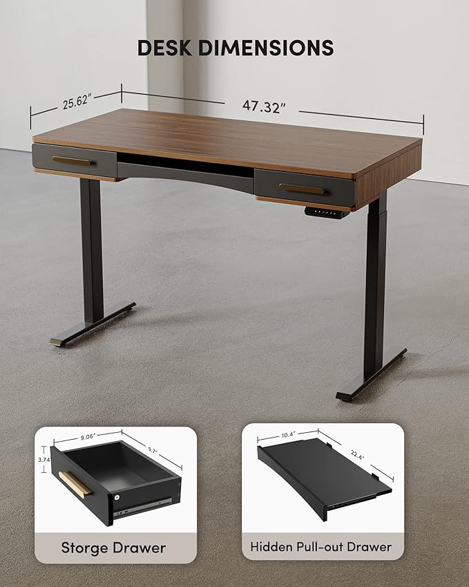 BANTI 48" x 26" Electric Standing Desk, Mid-Century Modern Desk with 3 Drawers, Stand Up Home Office Desks, Vintage Top
