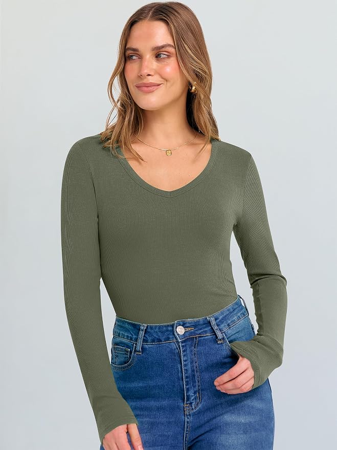 ANRABESS Long Sleeve V Neck Shirts for Women | Soft Comfy Ribbed Knit Fitted Tshirts, Casual Going Out Tops, 2026 Trendy Basic, Fall Winter Underscrub Layering Clothes
