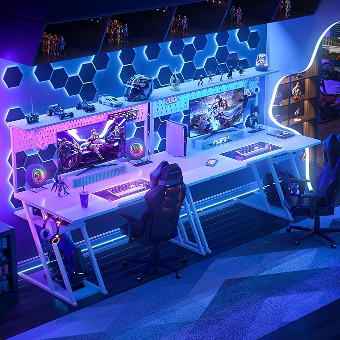 55'' White Gaming Desk with Hutch and LED Lights, Gaming Computer Desk with Storage Shelves & Z-Shaped Legs, Reversible PC Gaming Desk with Pegboard, Ergonomic Desk for Bedroom, Carbon Fiber Surface