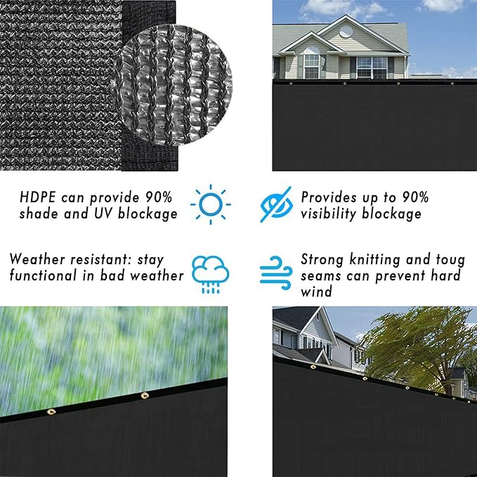 UPGRADE Privacy Fence Screen 4'x72' Black Outdoor 90% Visibility Blockage 170 GSM Mesh Shade Cover Panels for Backyard,Balcony,Home Decoration with Zip Ties,Customized Avaliable